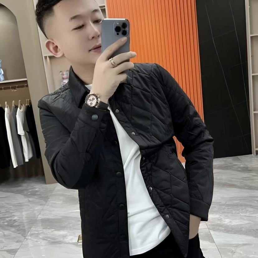 薄棉外套男秋冬季欧货潮牌百搭菱形格翻领二棉服商务轻奢气质棉衣