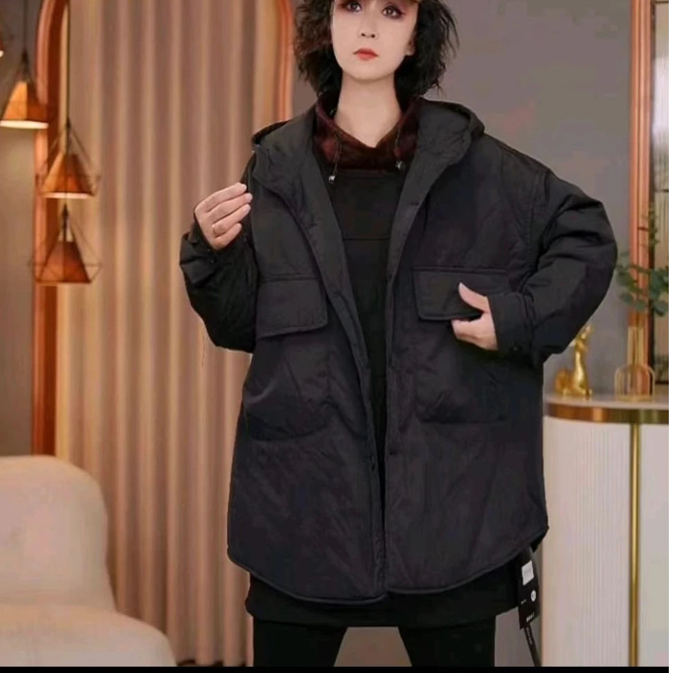 冬装夹棉宽松新棉衣女高品质加厚大口袋中长款厚外套保暖连帽棉服