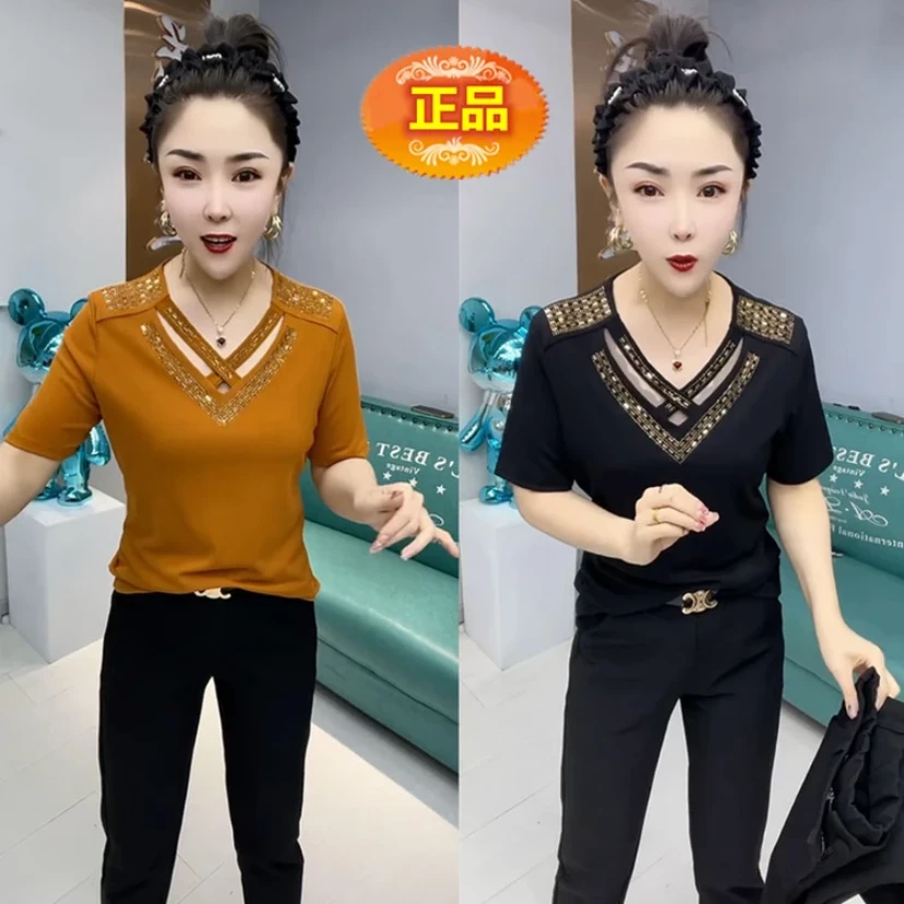 【镂空烫钻】网红爆款时尚小心机交叉2024春夏短袖重工百搭烫钻显瘦