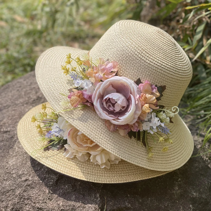 夏季草帽女士户外旅游防晒遮阳帽田园风花朵韩版显脸小太阳帽子