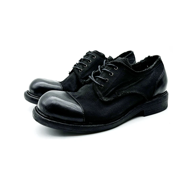 水洗做旧拼接休闲鞋复古时尚男鞋手工马皮鞋厚底皮鞋男鞋黑色系带