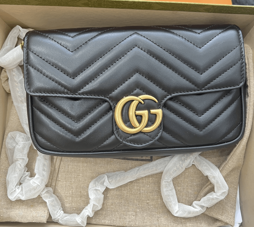 99新 GUCCI/古驰 老六二奢/古驰黑金马蒙二合一单肩包