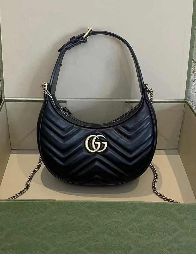 99新 GUCCI/古驰 老六二奢/古驰Gucci黑金马蒙系列半月包