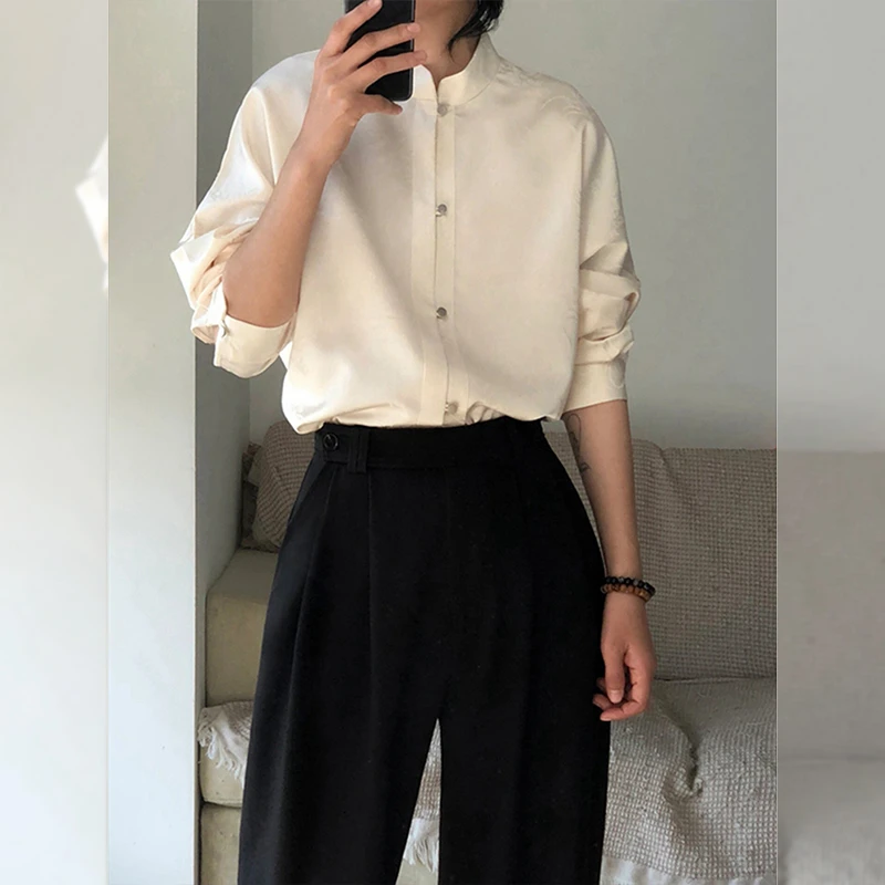 新中式白色立领衬衫女2024年秋冬季新款宽松长袖衬衣内搭气质上衣