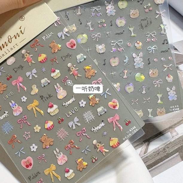 贝壳光涂鸦可爱卡通猫狗蝴蝶结美甲贴纸tomoni樱桃指甲贴纸装饰