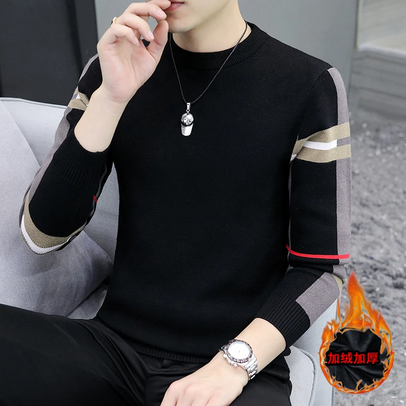 男士毛衣圆领2023秋冬季百搭修身针织打底衫黑色中领线衣潮流男装