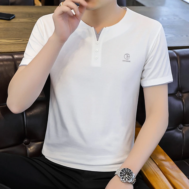 纯棉男士短袖t恤2023新款夏季潮流正品半袖体恤潮牌v领男装上衣服