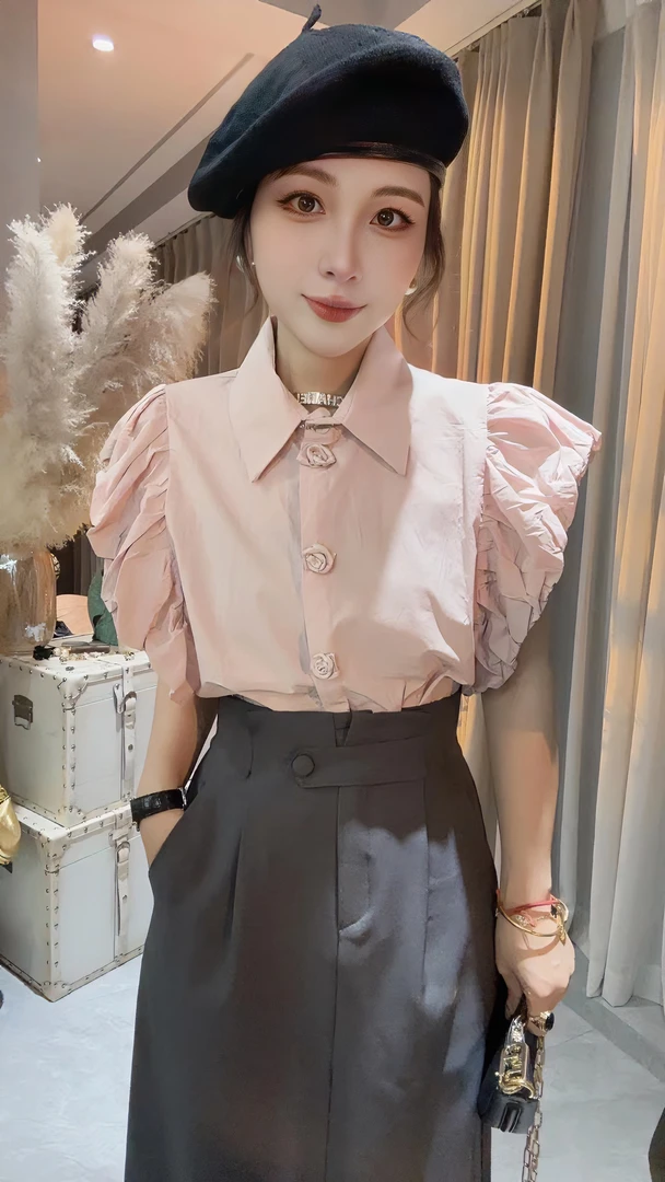 HUIHUI 设计感韩版花苞袖衬衣·