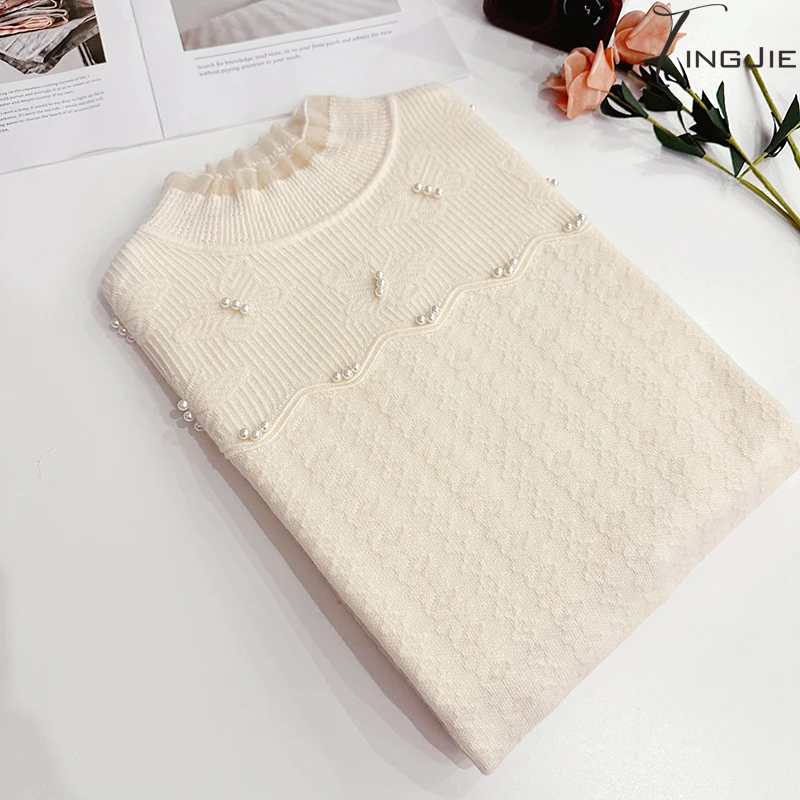 B1102【秋碟】爆款蕾丝半高领蝴蝶钩花钉珠针织打底衫女上衣秋冬