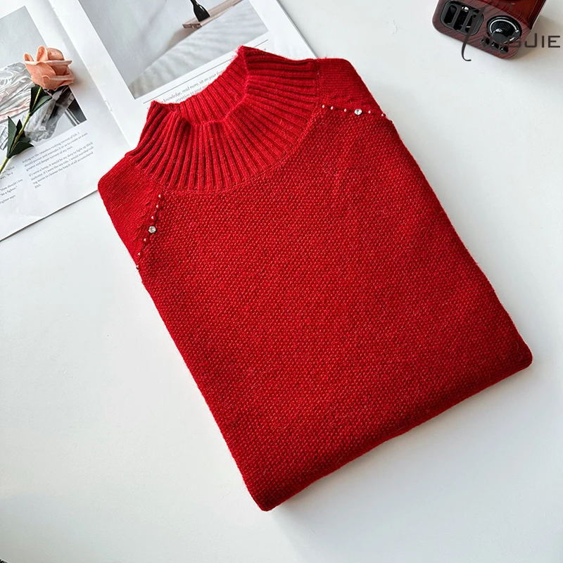 婷姐【经典款】氛围感红色百搭时尚钉珠高级加厚秋冬毛衣B2079