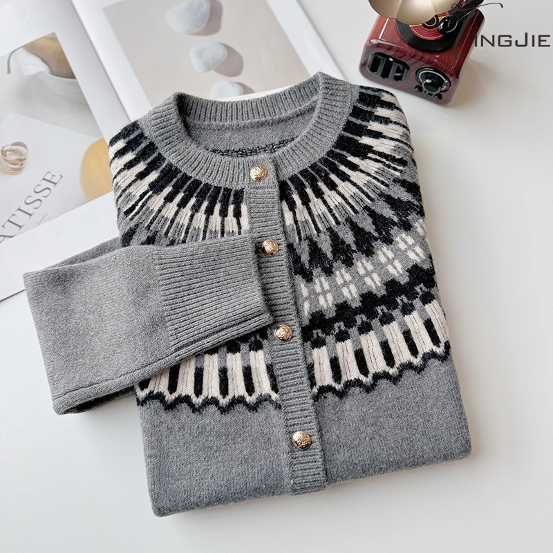 【巴黎开衫】经典复古费尔岛双线提花加厚韩版针织开衫毛衣B1686