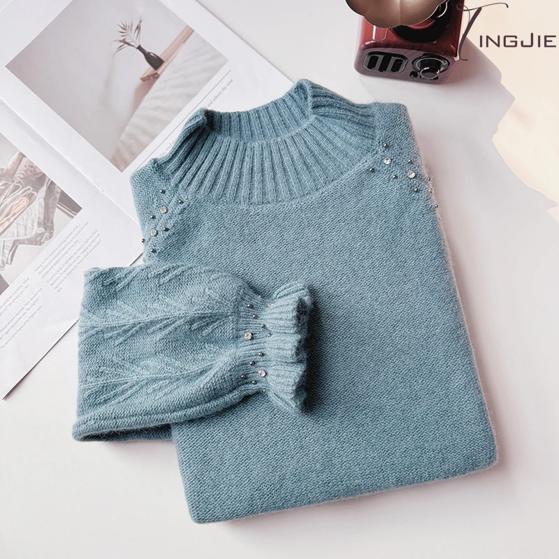 【普鲁士蓝】高配蜜熊绒手工水晶钉珠加厚秋冬时尚针织圆领B1461