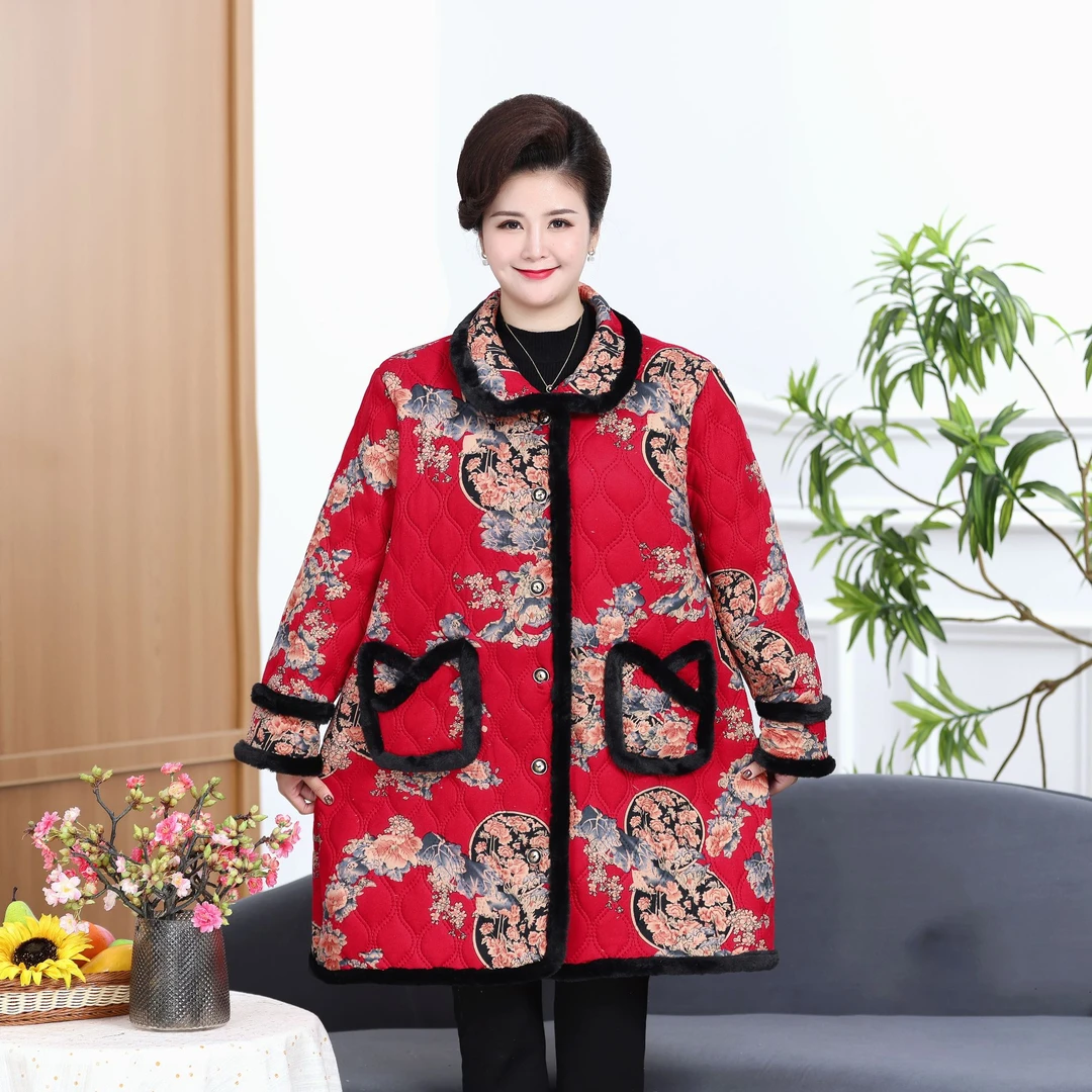 120-240斤穿外套妈妈装加绒棉服加厚民族风女装加肥加大码棉衣