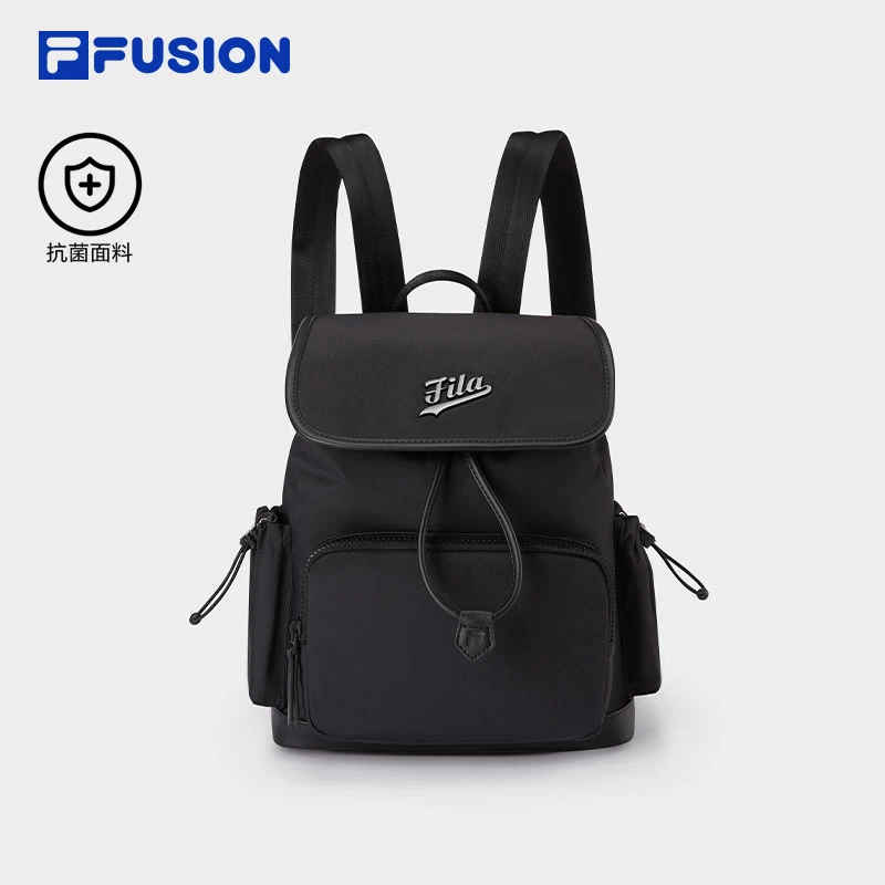 FILA斐乐潮流皱感尼龙翻盖双肩背包女款抽绳学生书包T13W512103F