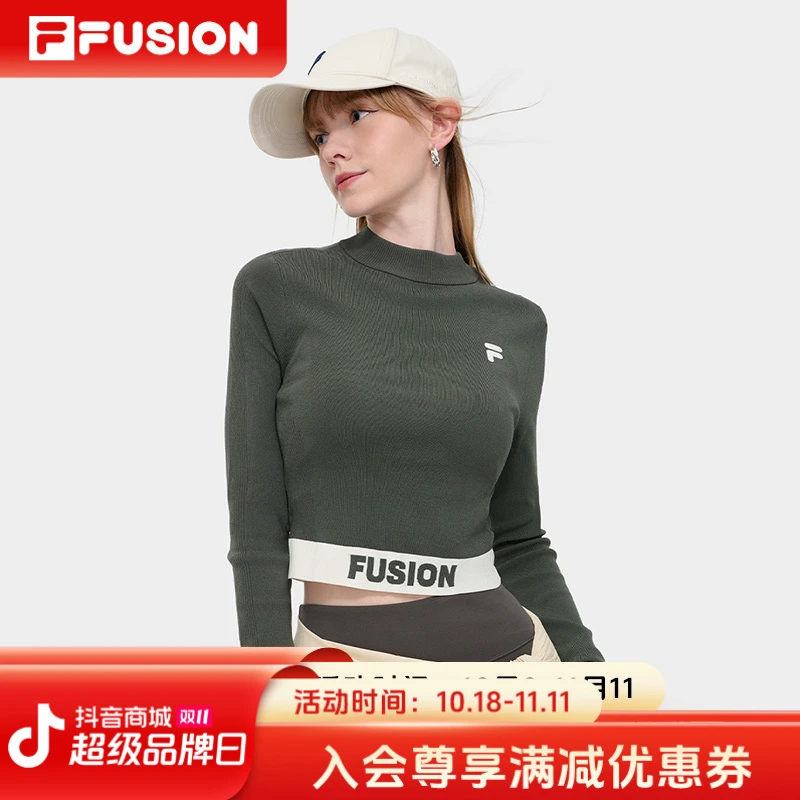 Fila/斐乐秋季修身运动女短款长袖套头编织衫休闲紧身T11W435402F