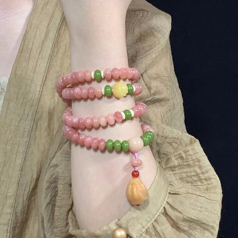 白玉菩提手串108颗荷塘月色女款绕指柔桃粉念珠文玩盘玩佛珠送礼