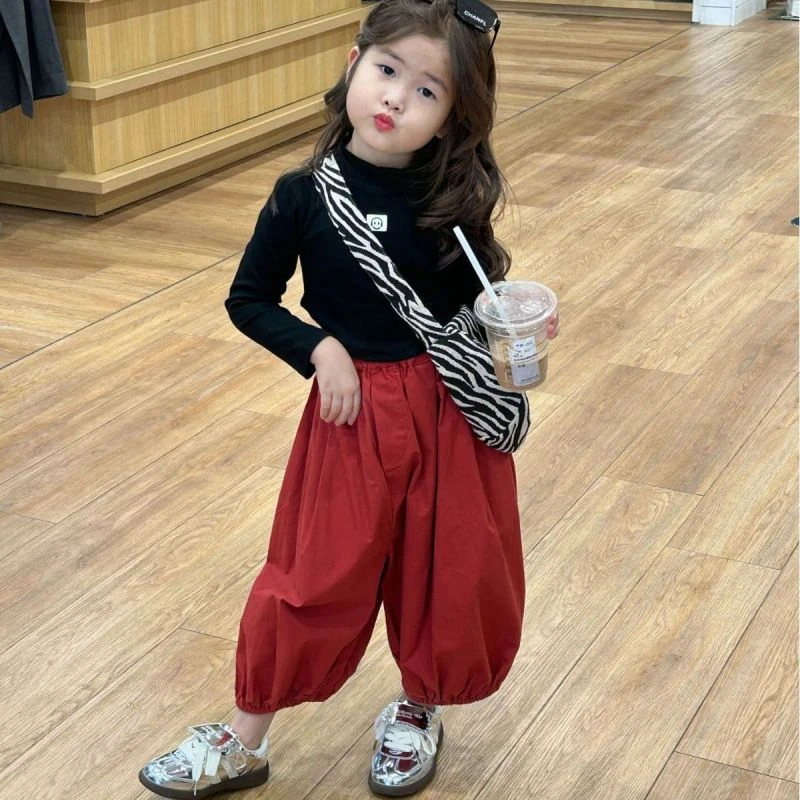 2025春季新款童装女童纯色短款T恤女宝宝百搭长袖T恤红色色南瓜裤