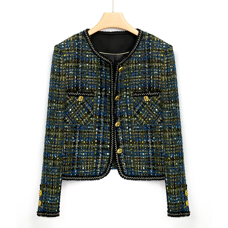 HAIMAI 孔雀绿百搭熟女风薄款轻熟风小香风高级粗花呢短款外套