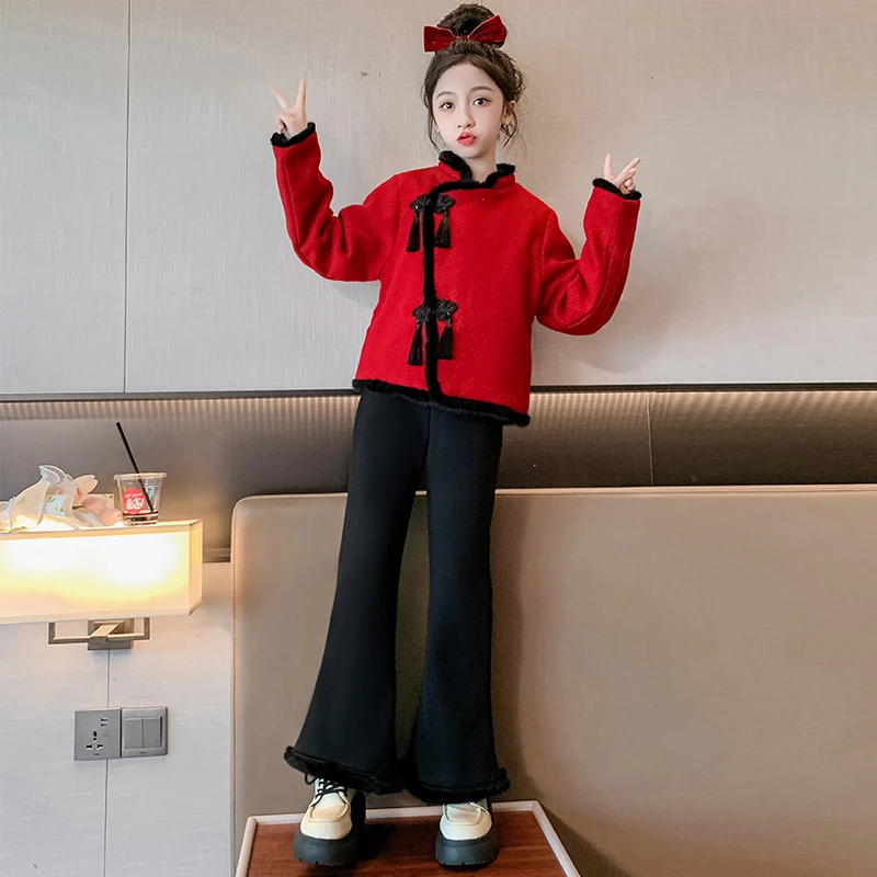 女 童中国风拜年服套装冬装中大童复古上衣喇叭裤加绒加厚两件套