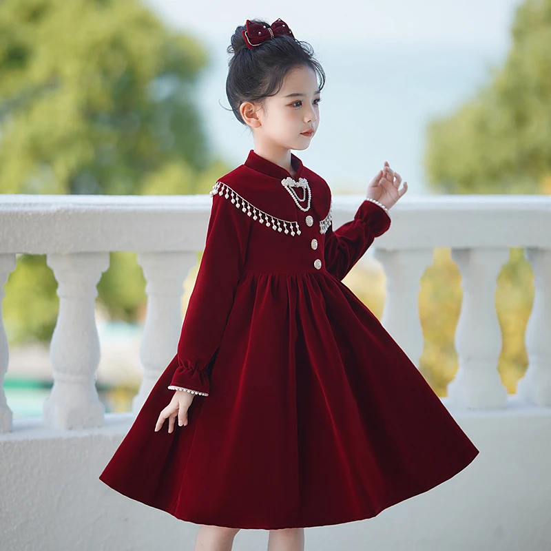 女童高端礼服儿童公主新款2023生日加厚红色连衣裙冬季裙子秋冬