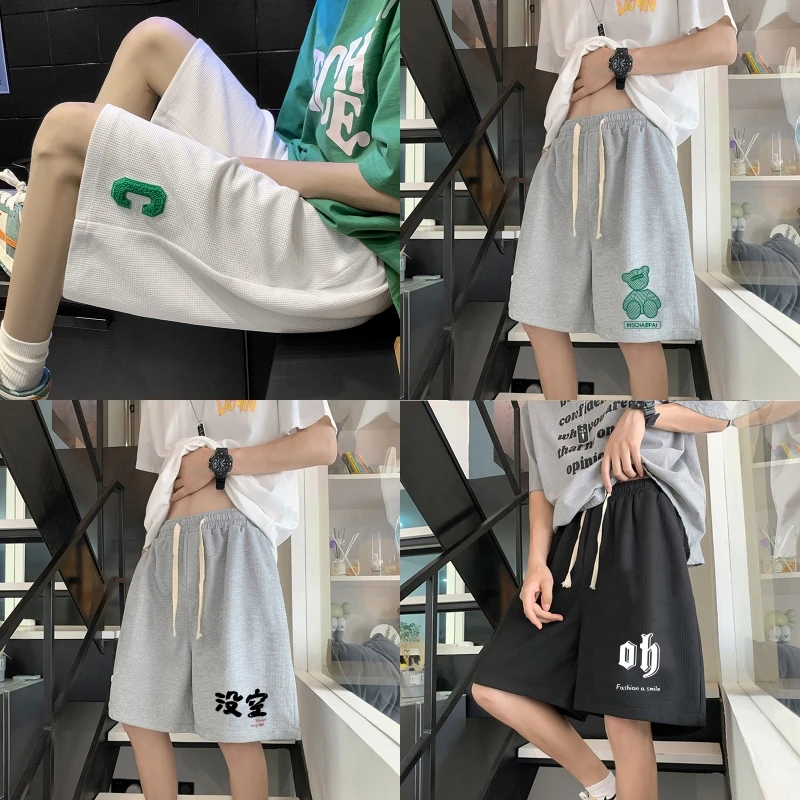 大码短裤男女同款百搭休闲裤华夫格运动裤美式五分中裤宽松沙滩裤