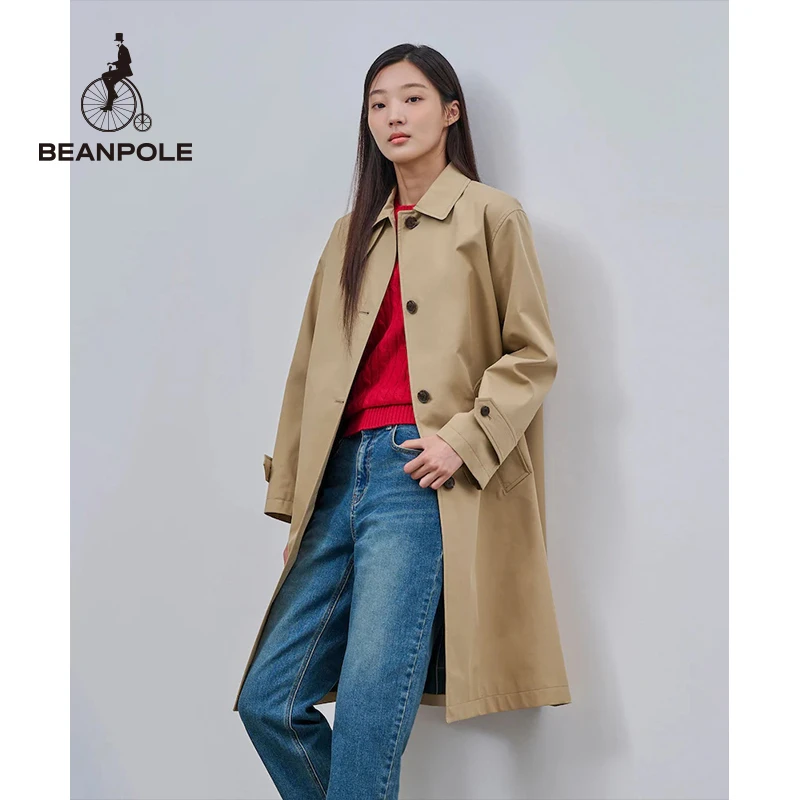 BEANPOLE滨波24秋冬新款女士米色翻领单排扣风衣外套BF483TC01
