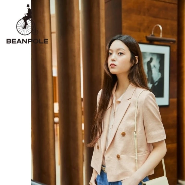 BEANPOLE夏季新款 女士老钱风商务双排扣静奢短袖短西装BF3411C06