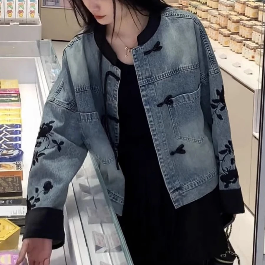梨形身材微胖大码女装国风刺绣牛仔短外套女显瘦绣花圆领秋季新款