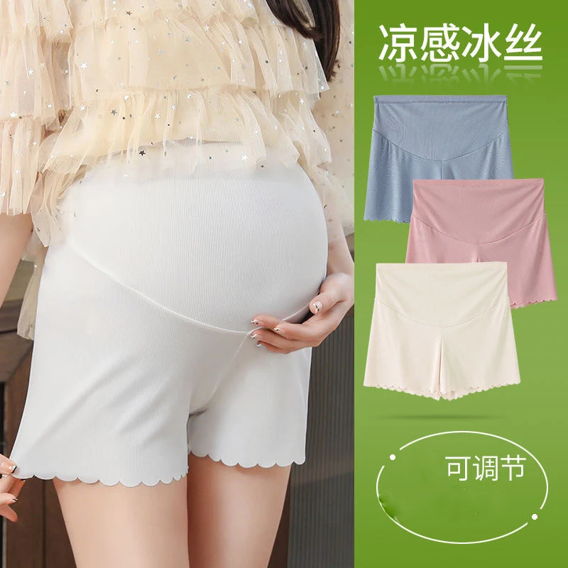孕妇裤夏天防走光薄款冰丝打底裤托腹可调节宽松大码孕妇短裤高弹