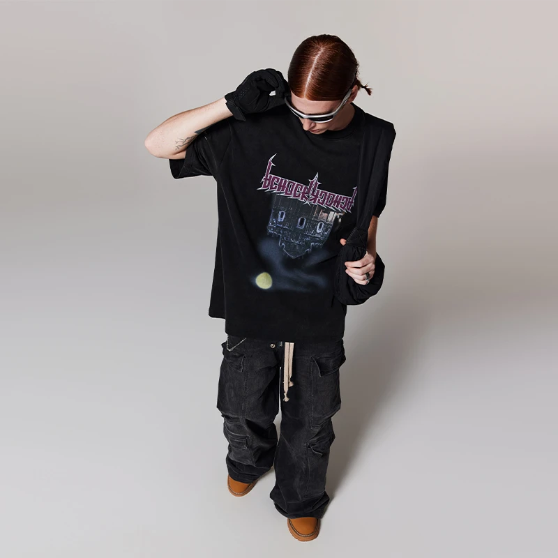 【Achock官方店】重磅300g洗水做旧暗黑城堡印花T恤宽松圆领短袖