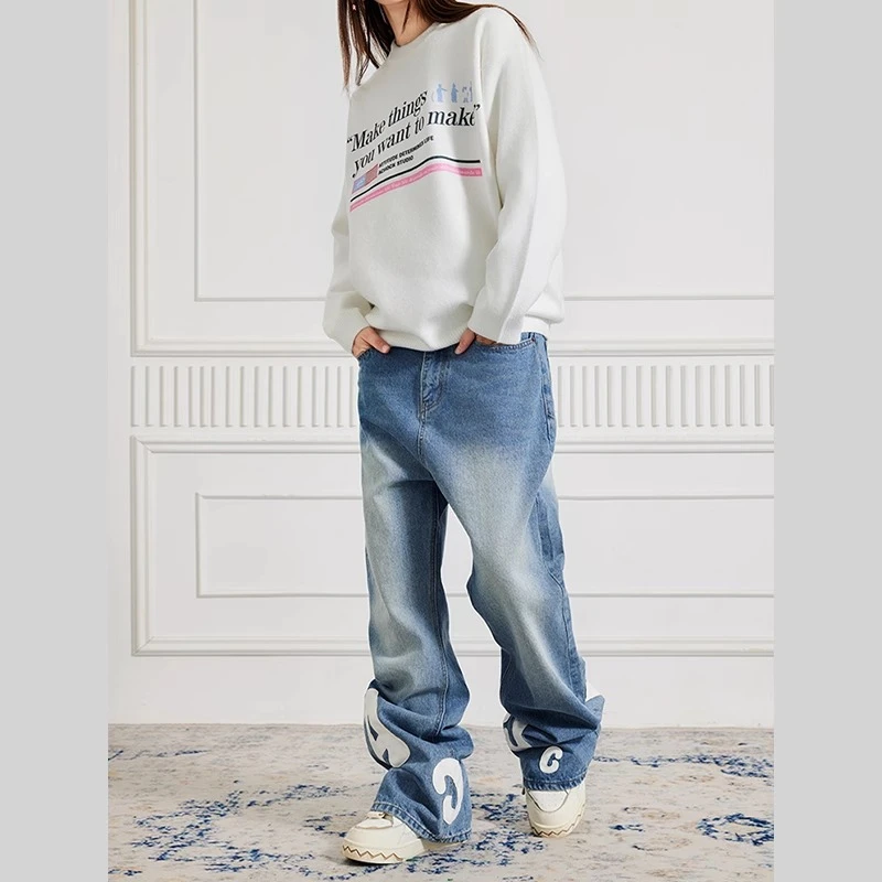 【Achock官方店】潮牌重磅刺绣牛仔裤美式高街直筒微喇叭长裤男女