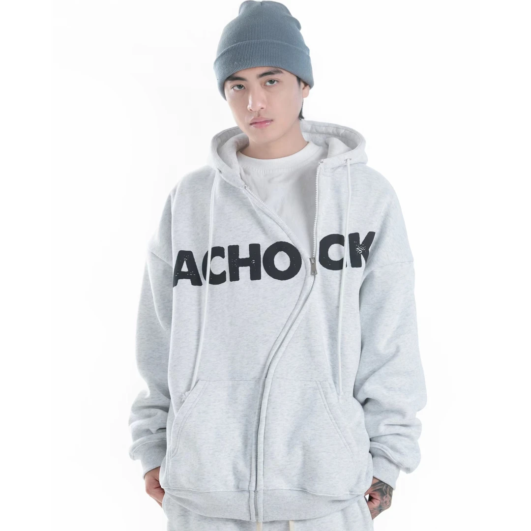 【Achock官方店】 国潮个性S拉链发泡印花加绒卫衣开衫连帽外套