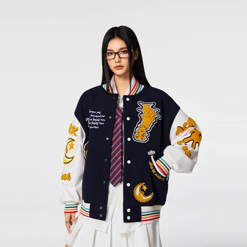 【Achock官方店】重工月牙小熊毛巾绣棒球服美式学院风情侣外套潮