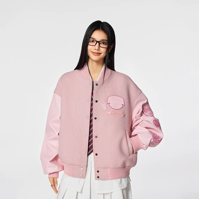 【Achock官方店】个性粉色夹克外套秋冬新品潮牌美式刺绣棒球服女