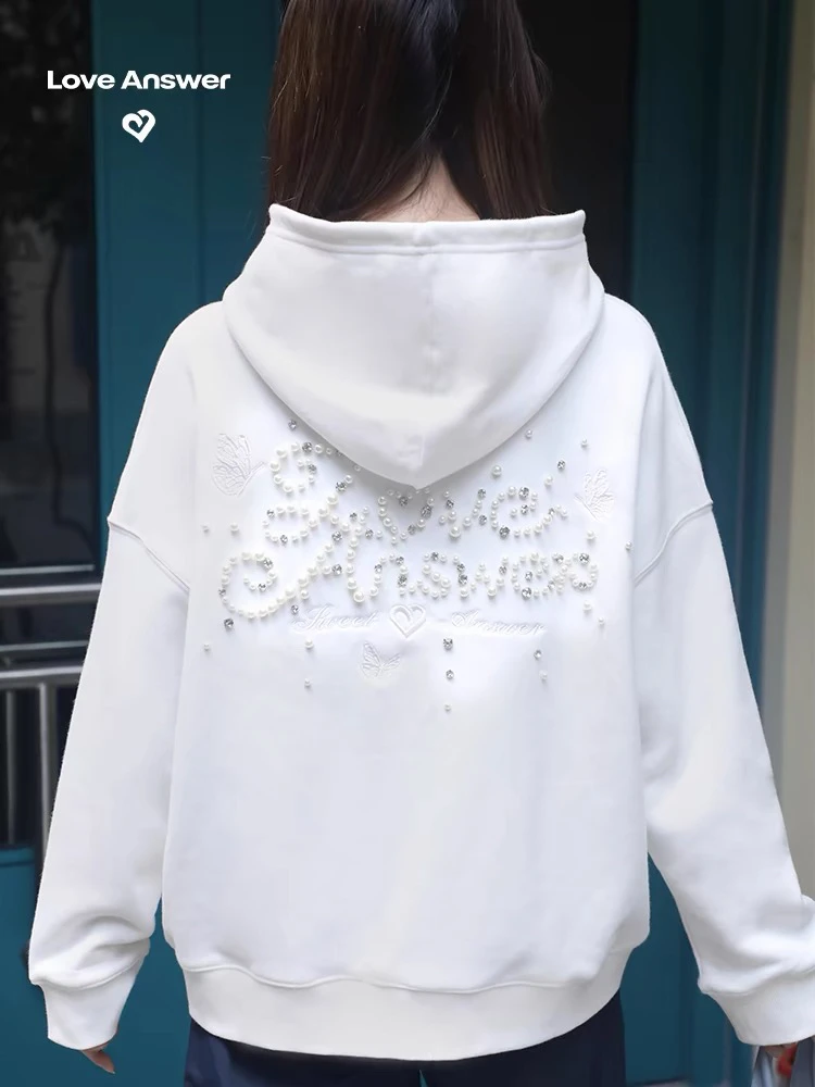 秋冬珍珠卫衣女新款刺绣连帽卫衣潮牌