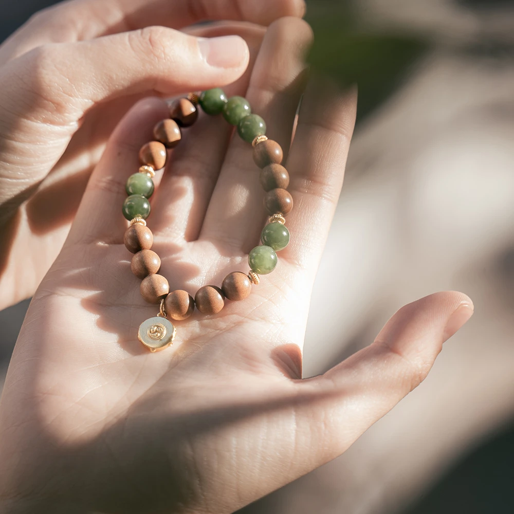 【檀里豆瓣】正区印度老山檀8mm12颗+和田玉设计师天然手串手链