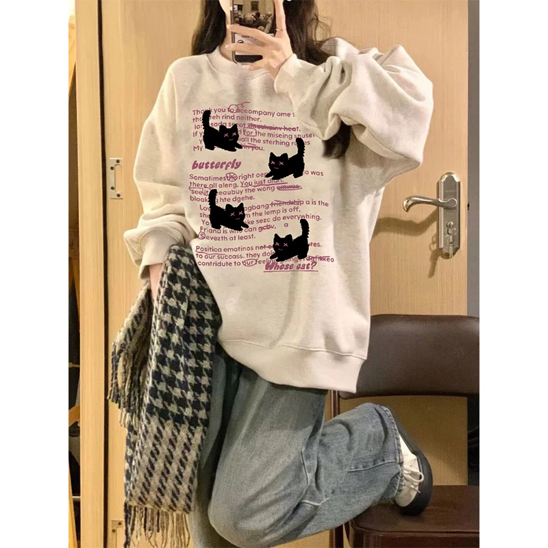 美式复古秋冬加绒卫衣女圆领宽松百搭长袖卡通印花上衣小众设计感