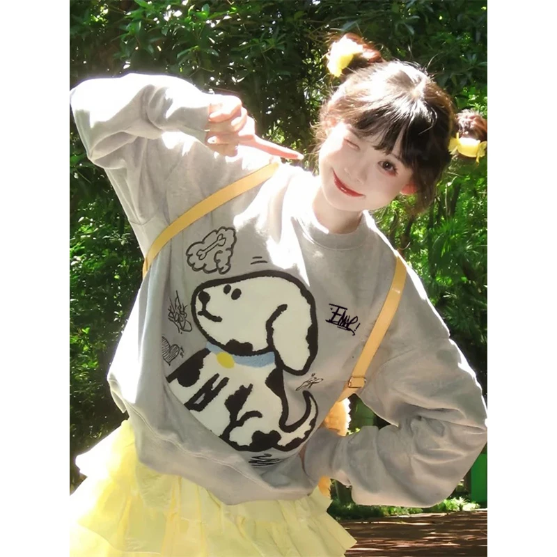 2024新款卡通小狗印花圆领卫衣女秋冬学院风宽松显瘦减龄长袖上衣