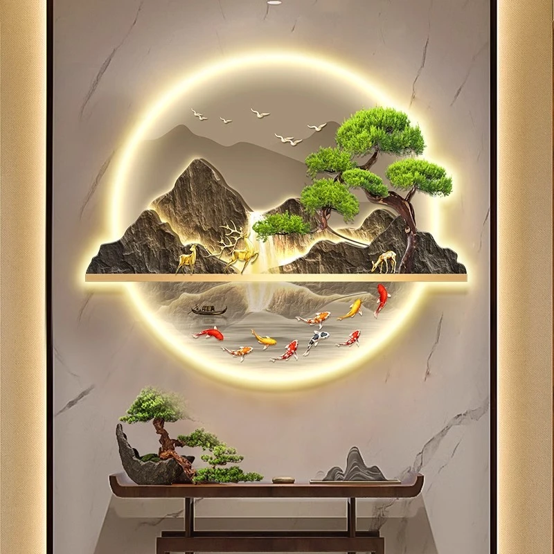 新中式圆形玄关装饰画入户格栅大气装饰画创意九鱼图餐厅茶室挂画