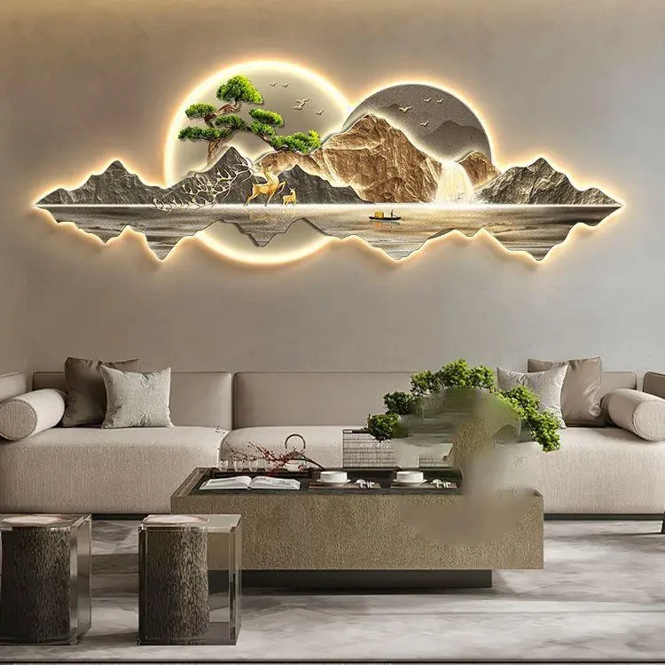 新中式迎客松沙发背景墙装饰画流水富财挂画会客间茶室客厅壁画灯