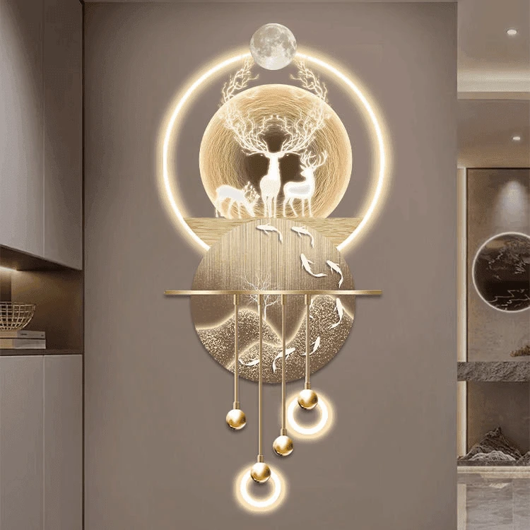 招财福鹿玄关装饰画轻奢九鱼图高档大气挂画入户走廊过道装饰画