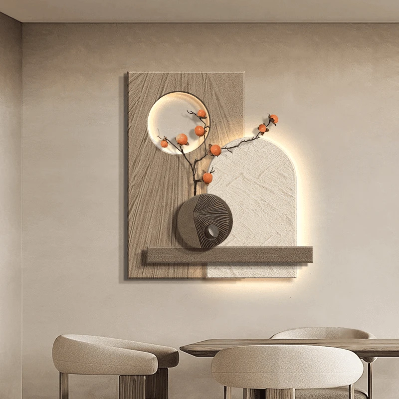 侘寂风柿柿如意餐厅装饰画极简立体砂岩壁画寓意好高级感饭厅挂画