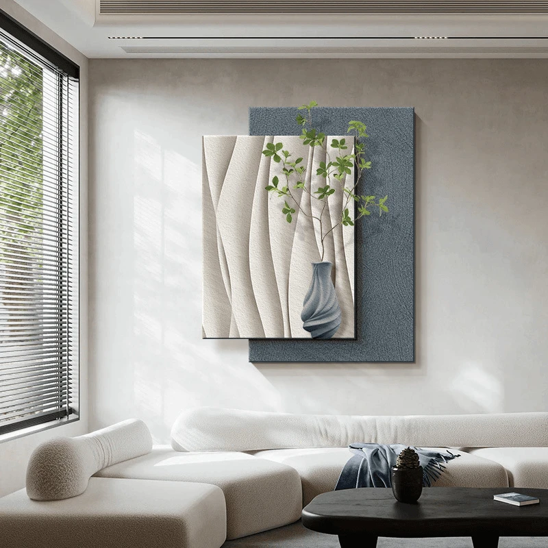 侘寂风客厅装饰画抽象绿植立体砂岩挂画高级感沙发背景墙玄关挂画