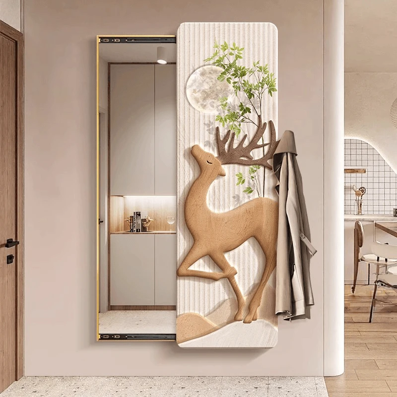 北欧奶油风可推拉隐藏式全身镜子装饰画隐形穿衣镜壁画玄关挂画鹿