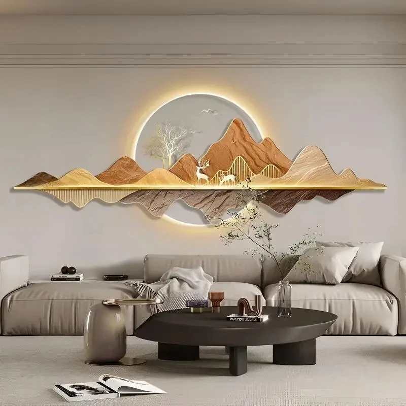 南墙高级感大气招财麋鹿装饰画现代轻奢客厅背景墙挂画山水装饰画