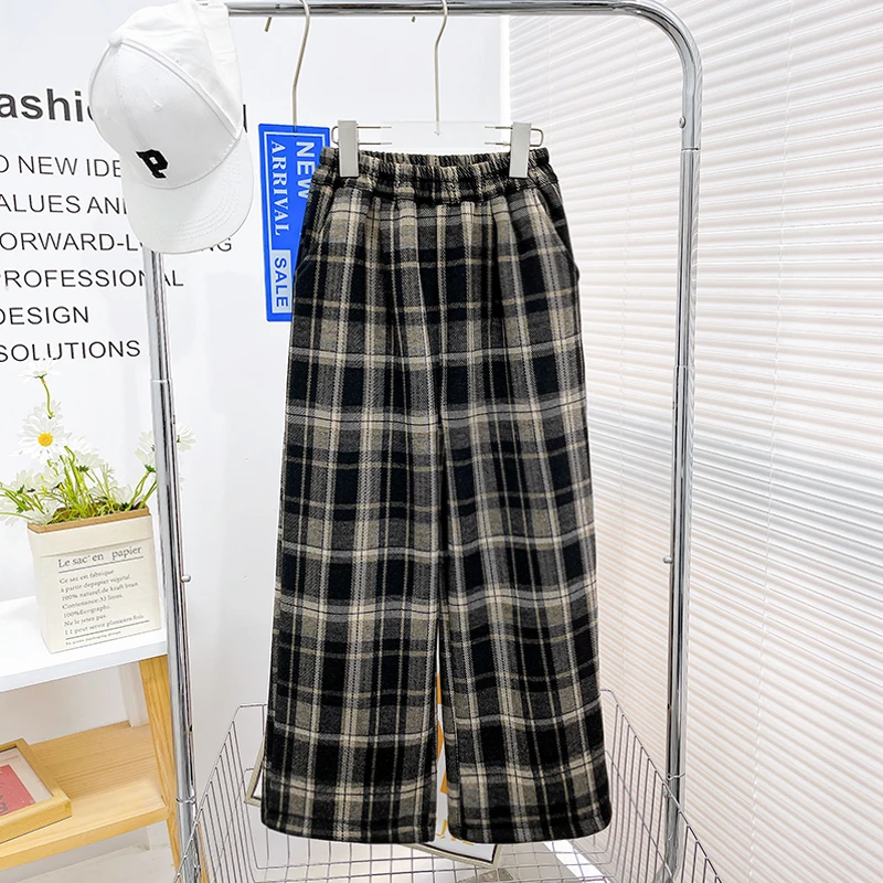 冬季新款女大童加绒格子长裤洋气宽松舒适百搭卫裤zb3843简约童品