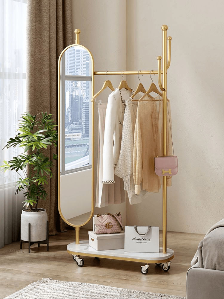 小扬哥推荐全身镜落地镜家用穿衣镜卧室可旋转移动铁艺带挂衣架一