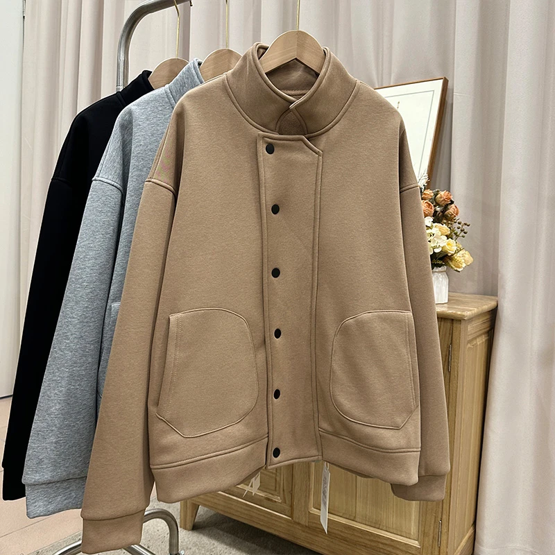 JUNZHU 时尚美式复古立领卫衣女秋冬新款宽松棒球服休闲夹克外套