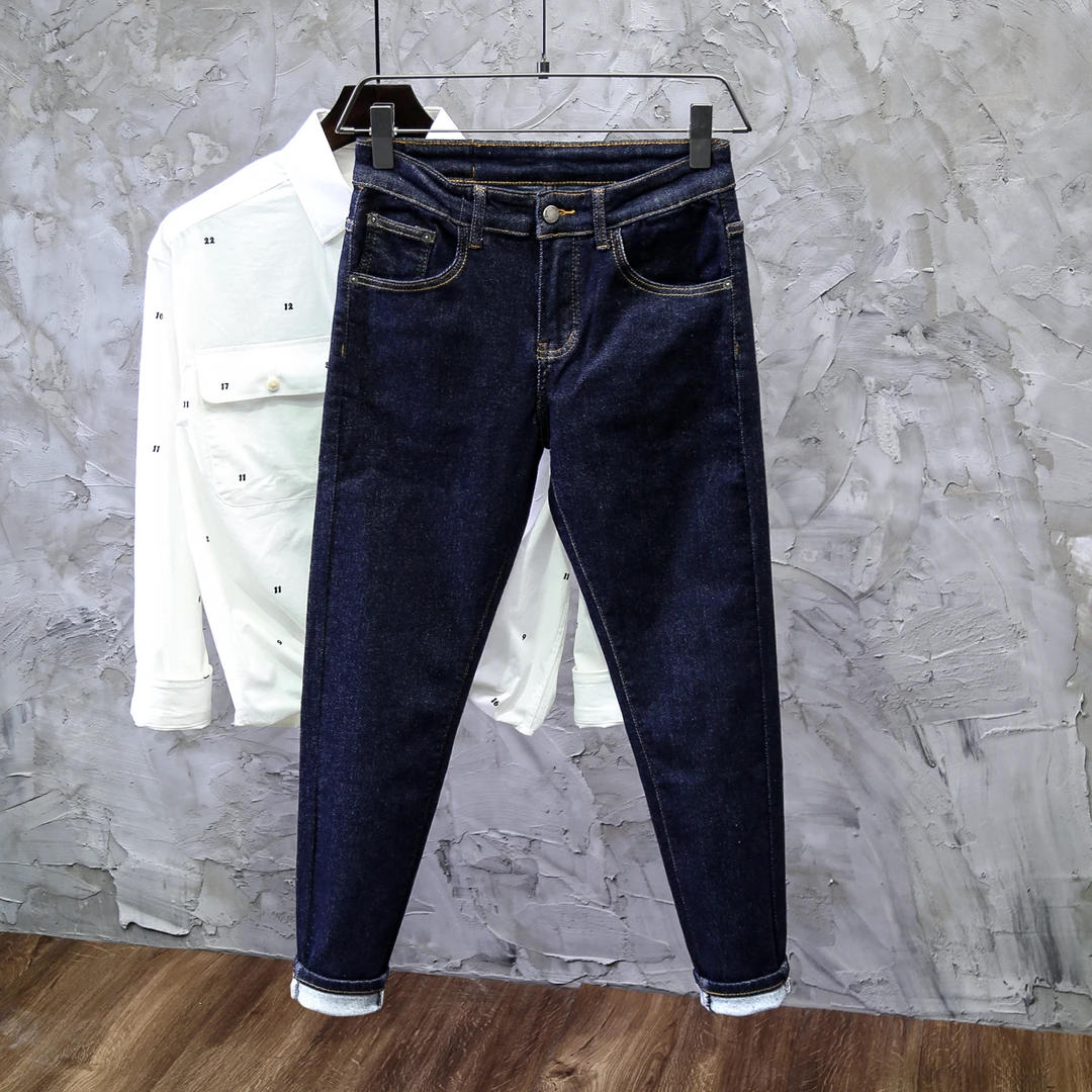 简约藏青色牛仔裤男新款九分原色普洗百搭修身潮牌小脚显瘦长裤子