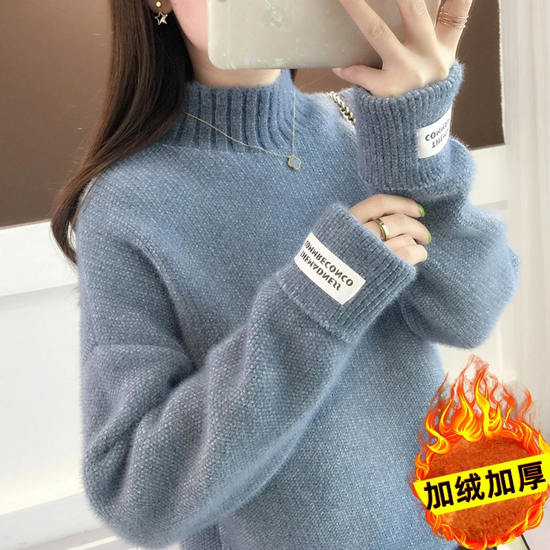 高中生加绒毛衣女冬加厚半高领水貂绒初中女学生学院风保暖打底衫